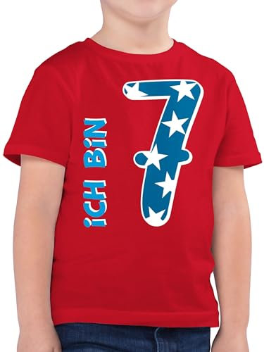 Kinder T-Shirt Jungen - 7. Geburtstag - Ich Bin Sieben Blau Junge - 128 (7/8 Jahre) - Rot - geburtstagsshirt 7 Jahre Kindergeburtstag Tshirt 7.Geburtstag Zahl Sterne Shirt Jungs geburtstagstshirt