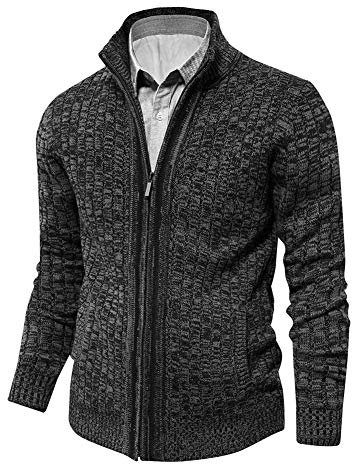 AOLI RAY Herren Strickjacke Stehkragen Cardigan mit Reißverschluß und Taschen Feinstrike Pullover Grau S