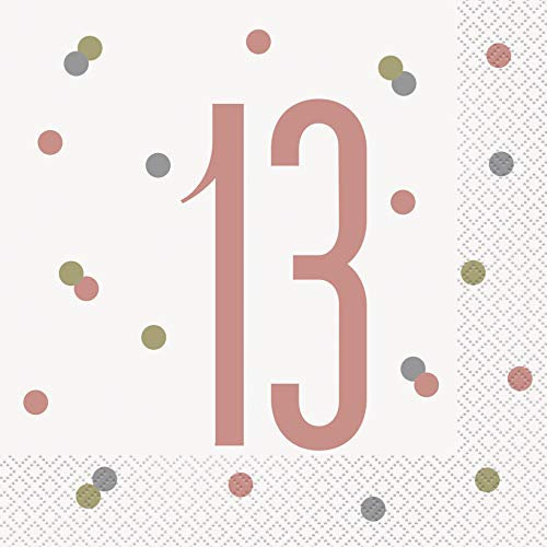 Unique Party Supplies 84878 Papierservietten - Zahl 13 - 16,5 cm - Glitzer-Roségold-Geburtstag - 16er-Packung