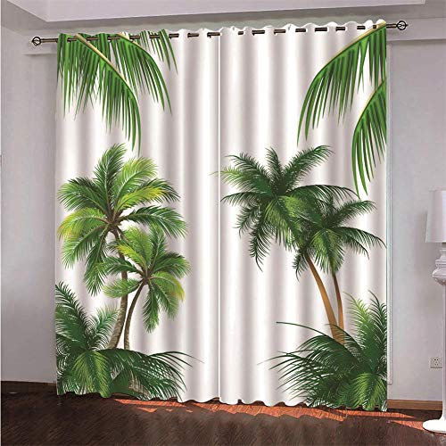 ZXYLSL 3D gedruckt Gardine Vorhänge - Palme Mit Grünem Blatt-Weiß - Verdunklungsvorhang - Ösen Verdunklungsgardine Polyester Vorhänge für Schlafzimmer 75 x 166cm x 2