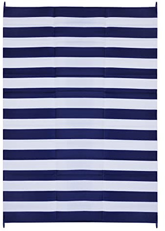 FH Home Outdoor Camping-Teppich - wasserfest, farbecht, wendbar - recycelter Premium-Kunststoff - Gestreift - Terrasse, Veranda, Wohnmobil – Brittany Stripe - Blau & Weiß - 270 x 360 faltbar