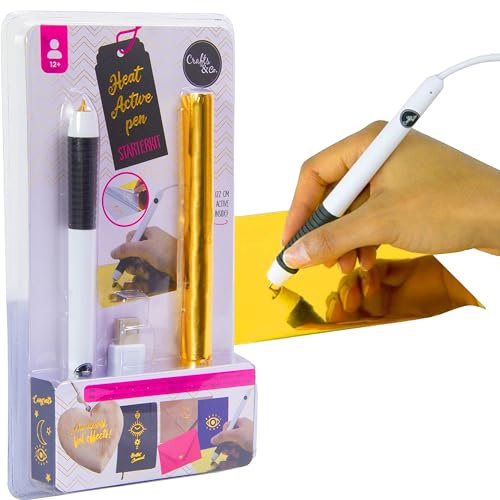 Crafts&Co® Heißfolienstift | Foil Quill mit USB Heißstift mit Feiner Spitze 1,5 mm | Hitzeaktivierte Stift inkl. Hitzeaktivierte Goldfolie | Starter Pack für Freestyle Folien Prägung | Weiß