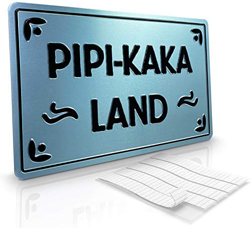 PIPI-KAKA LAND WC Toilettenschild für Kinder| silber/schwarz | Aluminium geprägt | Bad-Türschild in 30 x 18 cm