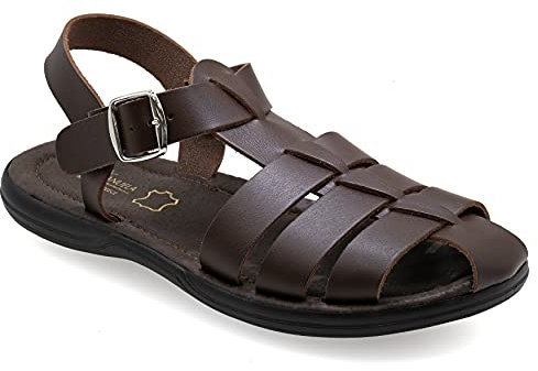 45 Braun Emmanuela Bequeme antike griechische Sandalen aus Leder für Herren, gepolsterte Einlegesohle Handgefertigte Ledersandalen, hochwertige verstellbare Sommerschuhe mit Schnalle