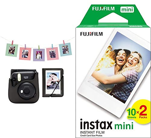 instax Kit de Accesorios para cámara Mini 11, Gris carbón & Fujifilm Mini Brillo Película Fotográfica Instantánea (2 x 10 Hojas), Blanco