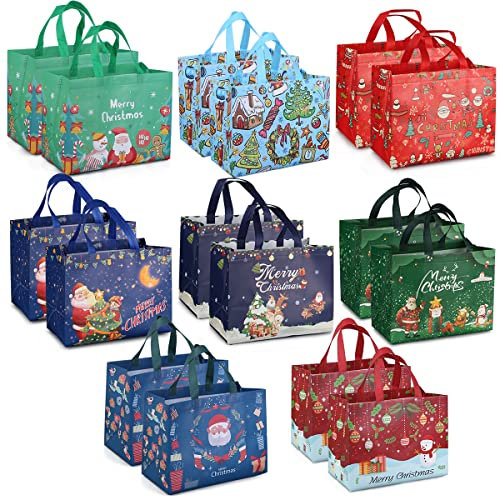 16PCS Christmas Treat Bags for Gifts Wrapping - Non-Woven Tote Bags with Handles for Xmas Party Supplies