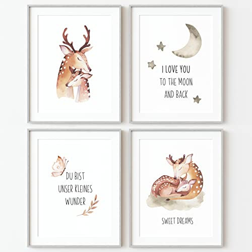 CALLUNA® Bezaubernde Bilder & Poster fürs Kinderzimmer & Babyzimmer – dekorative A4-Kunstdrucke – niedliche Tierporträts & Illustrationen – stabiles Material – ohne Rahmen – Reh
