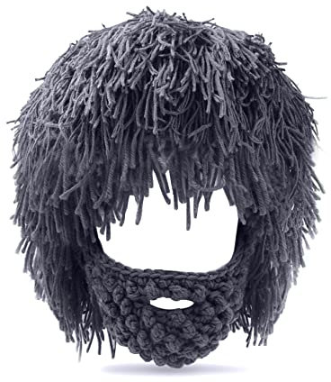 GothicBride Warme Mütze Winter Lustige Mütze mit Bart, Mütze mit Zopfloch Cosplay Party für Männer Frauen Kind(Grau)