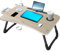 Laptop Bed Tray Table with USB Ports Handle, Portable Bed Tray Foldable Lap Desk Sturdy Portable Cup Holder for Eating, Writing, Working on Bed/Sofa with Little Gift (Small Fan, Small Lamp) (White)