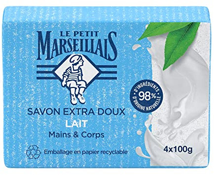 Le Petit Marseillais Extra milde Milch Seife (4 x 100 g) - feste Hand- & Körperseife mit 98% natürlichen Inhaltsstoffen - Verpackung aus recycelbarem Papier