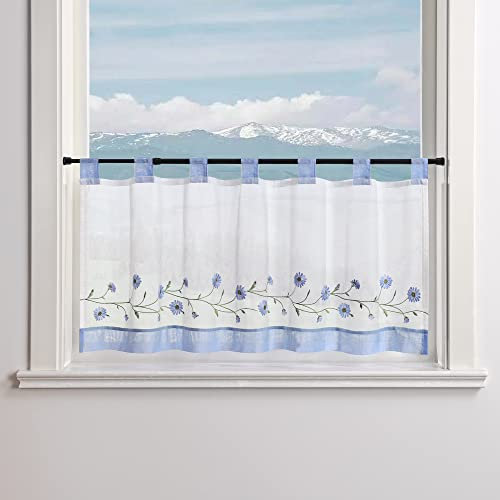 Delien Voile Scheibengardine Transparente Bistrogardinen Landhaus Kurz Vorhang Modern »Daisy« Kurzstores mit Blumenstickerei Küchengardinen mit Schlaufen BxH 140x60cm,Blau #2