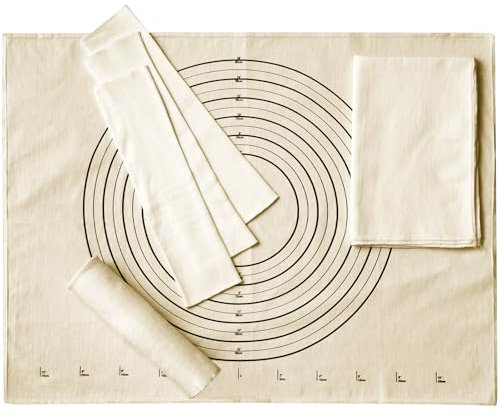 Tessco 6 Pieces Pastry Cloth and Rolling Pin Cover Set Includes 2 Pcs 25 x 20 Inch Large Cotton Pastry Mat 4 Pcs 14 x 2.5 Inch Rolling Pin Cover Sleeves for Dough Bread Pie Baking Kitchen Supplies