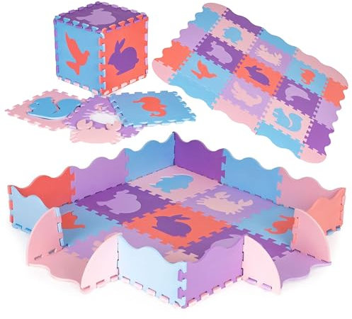 COIL Puzzelteppich für Kinder - Schaumstoff Spielmatte, Wasserdicht, Puzzlematte Baby Boden - Lernspielzeug mit Tiermotiven, Phthalatfrei - Faltbare Spielmatte Baby Puzzlematte 25 Elemente (Lila)