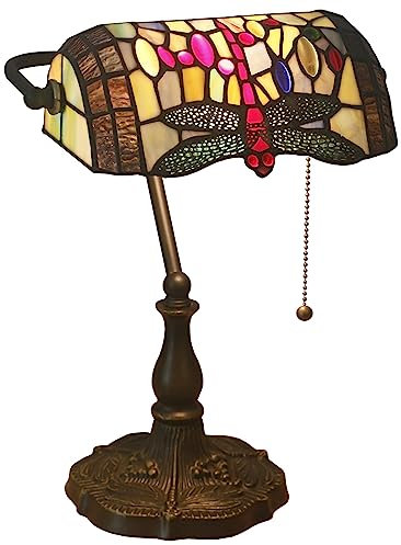 Uziqueif Klassische Bankerlampe, Libelle Tiffany Style Tischlampe, Vintage Bankers Lamp, Lampenschirm Glas, mit Leuchtmittel, Tischleuchte Für Büro, Nachttischlampe