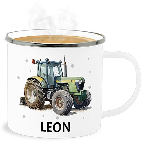 Emaille Becher Blechbecher - Trecker Name I Trecker Fan I Traktor Geschenk personalisiert I Geschenk Landwirt - 300 ml - Weiß Silber - personalisierte tasse kita trinkbecher kindergarten traktoren