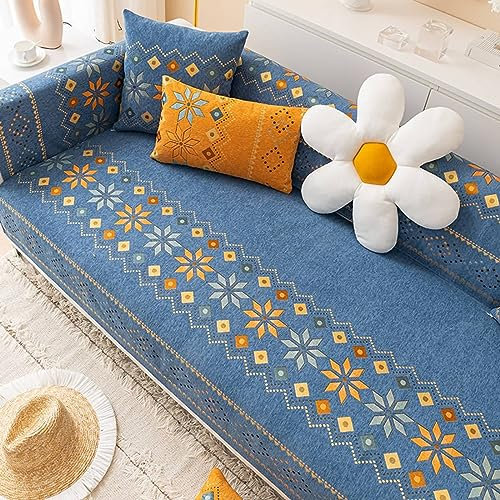 Daesar Sofa Überzug 2 Sitzer, Sofabezug Chenille rutschfest Boho Style Geometrie Motiv Dunkelblau Couchbezug Eckcouch Universal 90x210CM Sofaüberwurf Ecksofa