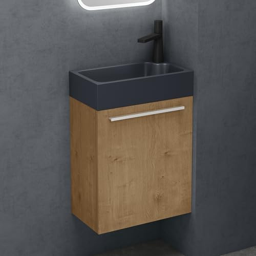 doporro Badmöbel-Set in Kerneiche 46x26x63cm Unterschrank mit Waschbecken | Wandhängendes Badmöbel-Set mit Mineralguss-Waschbecken – platzsparend & pflegeleicht für Gäste-WC & kleine Bäder