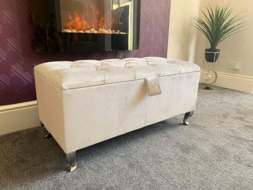 SK LUXURY LIVING Ottoman Storage Box - Engineered Wood Diamond Buttons Luxurious Plush Velvet Ottoman Storage Bench, Perfectly Designed Ottoman for Bedroom Storage (Cream Plush, Legs)