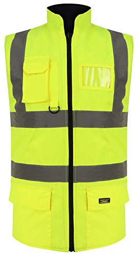 Dolce Fashions® High Visibility Bodywarmer Fleece Lined Reversible Gilet Jacket Adults Hi Vis Waterproof Workwear Security Safety Wear Warm Sleeveless Waistcoat Body Warmer Vest Top (Yellow, XXL)