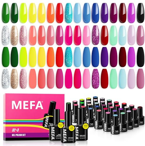 MEFA UV Nagellack Neon, 35 Stück UV Gel Nagellack Set mit Base und Top Coat, 32 Farben Rot Schwarz Blau Glitzer Gelnägel Set für Nail Art Nageldesign