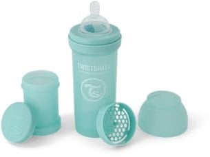 Twistshake Anti-Kolik-Babyflasche mit Milchpulverbehälter und Mixer - 180ml | Brustähnliche Nippel aus Silikon mit mittlerem Durchfluss | BPA-freie Babymilchflasche | Neugeborene (0+) | Neues Türkis