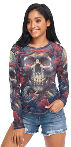Cooles Totenkopf-Rosen-Tattoo Sexy T-Shirts Für Damen, Langärmeliges Netz-Shirt, Eisseide, Durchsichtige Top-Bluse