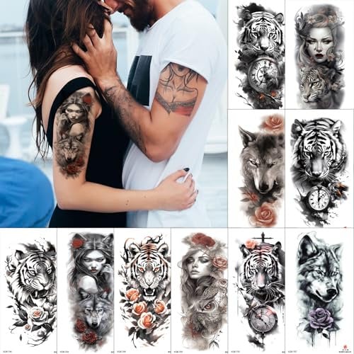 Aivoch 10 Feuilles De Tatouage Temporaire RéAliste Animal Hommes Femmes Adultes, Tigre De Loup Rose Tatouage Autocollants, Fleurs Faux Tatouage Autocollants, Corps Art Demi - Bras Manches Tatouage