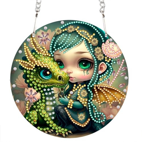 Kexpery Acryl Anhänger zum Aufhängen mit Diamant Mädchen Einhorn Wanddeko Hängende Drache und Hexe 5D Diamond Painting DIY Anhänger Punkte Wenn