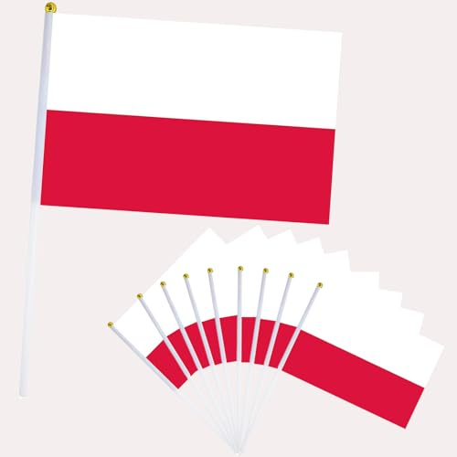 10 banderas de Polonia para decoración de la Copa Mundial de Fifa 2026, mini bandera de Polonia de 14 x 21 cm, pequeñas banderas de Polska en palos, bandera de Polska de mano para Eurovisión