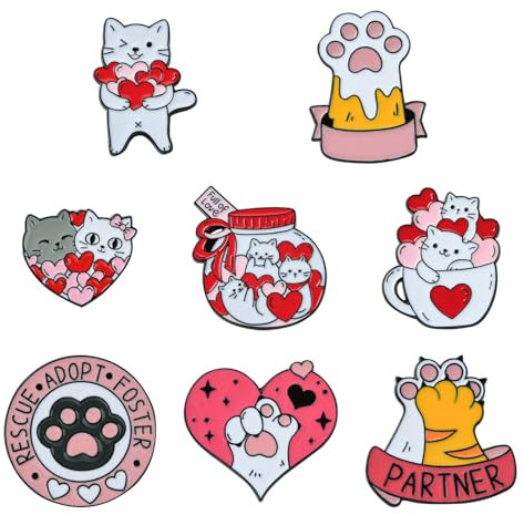 Airssory Lot de 8 broches en alliage émaillé pour la Saint-Valentin, 8 styles, motif chat, cœur, patte d'animal domestique, pour vêtements, pulls, sacs, travaux manuels