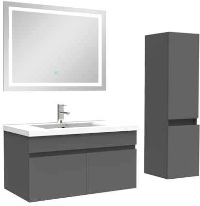 AICA Ensemble Meuble Salle de Bain 80cm Simple Vasque avec Colonne + Miroir 3 Couleurs Anthracite