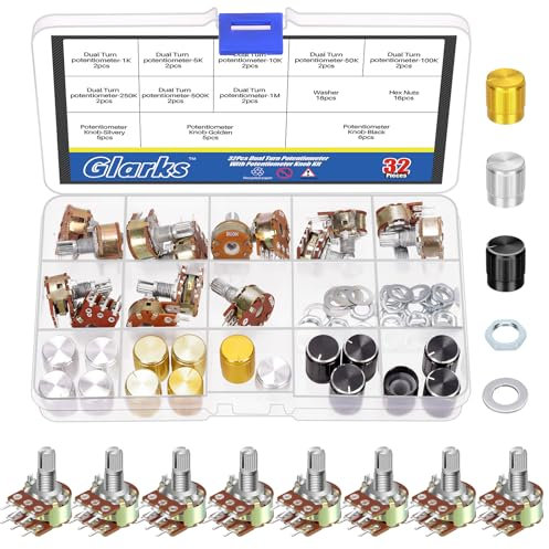 Glarks 50pcs WH148 Dual Linear Rotary Taper Potentiometer Kit, 1K 5K 10K 50K 100K 250K 500K 1MK OHM 6 Pins geteilte Welle Rotary Linear, Volume Control Potentiometer mit Knopf