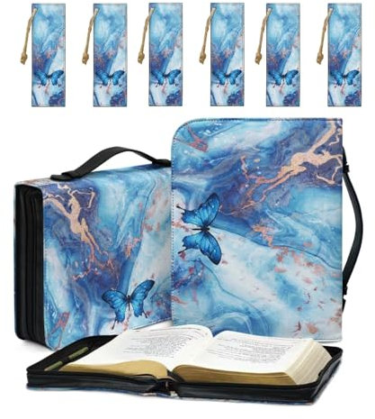 COEQINE Blaue Bibeltragetasche für Damen, 7 Stück, Schmetterlings-Bibel-Tragetasche für Frauen, Lederbezug und maschinenwaschbare Lesezeichen für Reisen, Studium, Bibelhalter