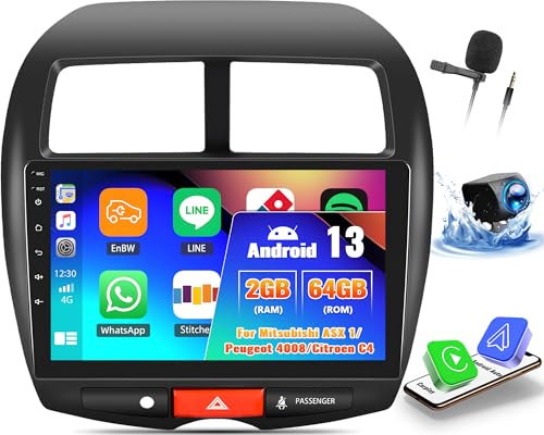 OiLiehu 2G+64G Android 13 Radio de Coche 2din Carplay Android Auto para Mitsubishi ASX 1/Peugeot 4008/Citroen C4 Radio con Pantalla de 10.1 Pulgadas con EQ/Bluetooth/FM RDS/WiFi/GPS/SWC/Cámara
