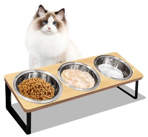Katzennäpfe Erhöht 3er Set, Katzen Futternapf mit 15°Gekippte Holz Ständer, Upgrade Ergonomischer Futterstation Katze mit Edelstahl Näpfe für Wasser Futter, Hundenapf für Katzen und Kleine Hunde