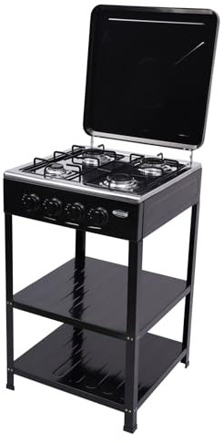 LUNICASHA Plaque de cuisson à gaz 4 feux, gaz naturel avec bouton rotatif éclairé, pose libre avec supports, pare-brise, noire