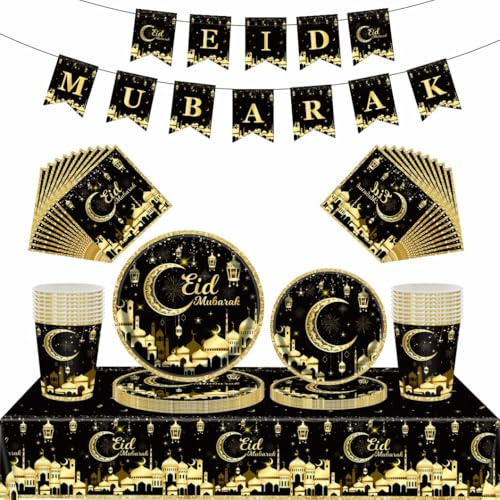 70Pcs Eid Ramadan Mubarak Table Set 7inch 9inch Eid Mubarak Paper Plates and Cups Napkins Black and Gold Eid Mubarak Banner Moon Star Tablecover for Ramadan Party Decorations