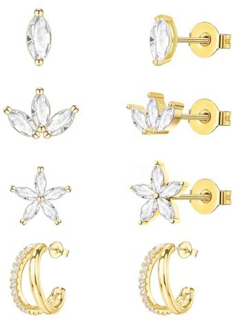 Ohrringe Silber 925 Ohrstecker Creolen Versilbert Damen Hypoallergen,4 Paar | Versilbert Ohrstecker Hypoallergen Ohrringe Kleine Creolen Schmuck Damen Vergoldet Ohrringe Set für Mehrere Ohrlöcher