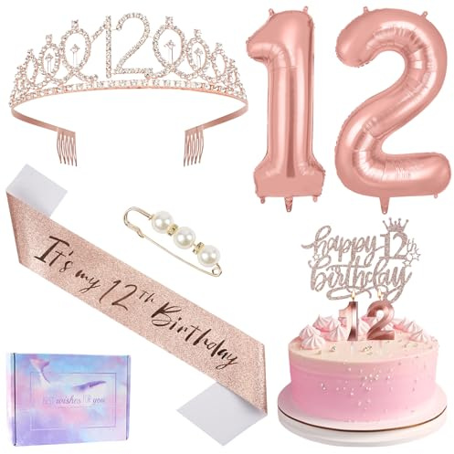 Ainiv 12° Compleanno Corona Oro Rosa Happy 12th Birthday | Cake Topper, Fascia e Tiara per il Compleanno, Candele e Palloncini con Numeri in Oro Rosa, Regali di Compleanno Decorazioni