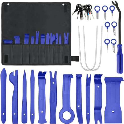 32 Pcs Car Trim Removal Tool Kit with 1 Storage Bag, Auto Fastener Terminal Remover Set, Car Interior Plastic Pry Tools, Decoration Disassembly Tool for Panel, Radio, Stereo, Audio, Dash, Door (Blue)