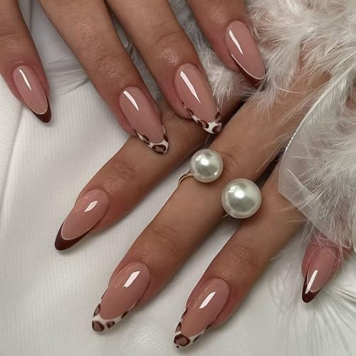 French False Nails - Leopard Press On Nails Almond Shape - Medium Fake Nails With Glue - Removable Acrylic Full Cover Stick On Glue On nails For Women Girls nail Art DIY - 12 Sizes, 24pcs