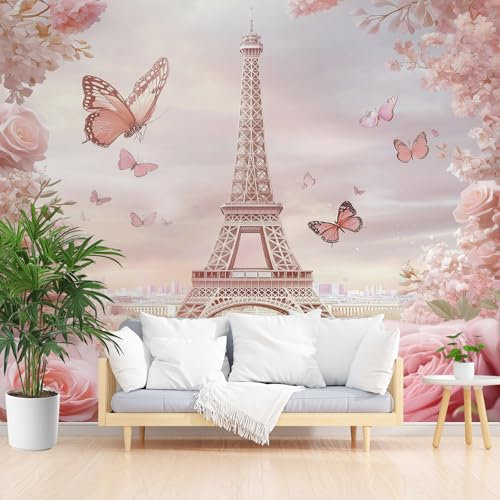 Papier Peint Fleur de Rose Papillon Tour Eiffel, Papier Peint Panoramique Paris Romantique Paysage Urbain, Tapisserie Intissé Écologique, Décoration Murale, Pour Salon Chambre Bureau, 350x256cm