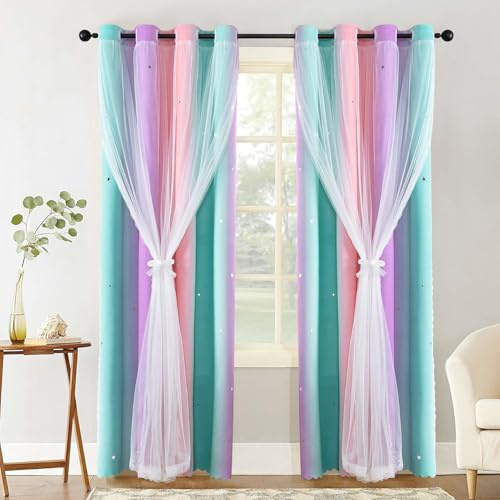 Gugxiom Dream Star Blackout Vorhänge für Kinderzimmer, Ombre Regenbogen Blackout Vorhänge, 2 Panels Sterne Vorhänge für Kinder, Gradient für Mädchen Schlafzimmer, W52 x L63 Zoll
