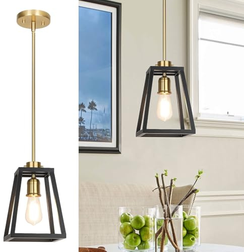 XiNBEi Lighting Black and Brass Kitchen Pendant Lighting for Dining Room | Industrial Lantern Pendant Lights, Height Adjustable, Farmhouse, 1-Light Brass Hanging Lights for Bedroom Entryway Over Sink
