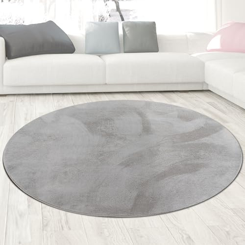 CARPETIA Teppich Wohn- und Schlafbereich Teppich modern Kurzflor Felloptik samtweich angenehm mit leichtem Glanz pflegeleicht modern einfarbig grau 200 cm rund