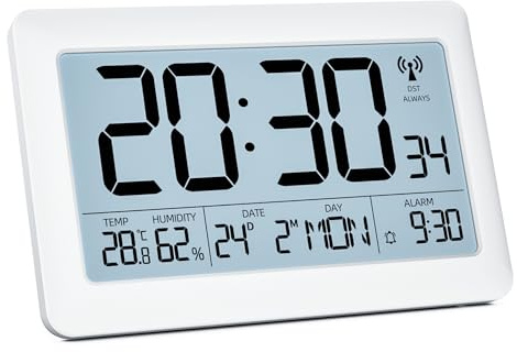LATEC Wecker Digital Funkuhr, Funkwecker mit DCF-77, Wanduhr und Tischuhr mit 7,5 LCD Bildschirm, Wochentag(7 Sprachen), Hintergrundbeleuchtung, Kalender, Temperatur(Inklusive Batterie)