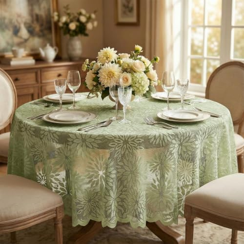 Artoid Mode Spitze Jacquard Blumen Grün Dahlien Frühling Tischdecke Rund 150 cm, Saisonnal Sommer Tischwäsche Küche Dekoration Party Dekor