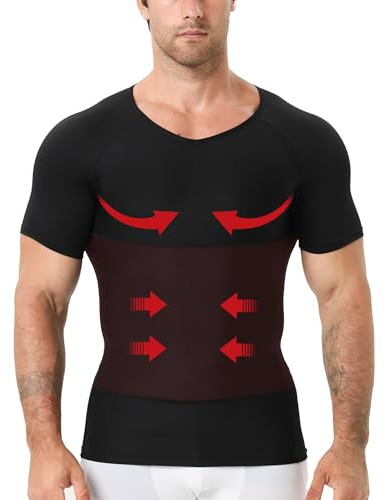 YOWODA EUK Men's Compression Shirt, V-Neck Slimming Body Shaper Short Sleeve Hide Gynecomastia Chest Underwear for Tummy Control