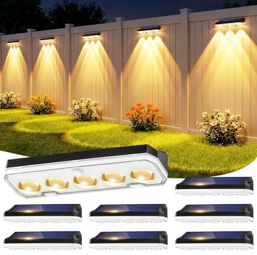 Wonkelly Solar Fence Lights Outdoor, 8 Pack Solar Lights Outdoor Garden | Warm White/Cool White& RGB 8 Colors, 5 Lens 40 Lighting Modes, IP65 Waterproof, Outside Wall Light for Garage, Yard, Pathway