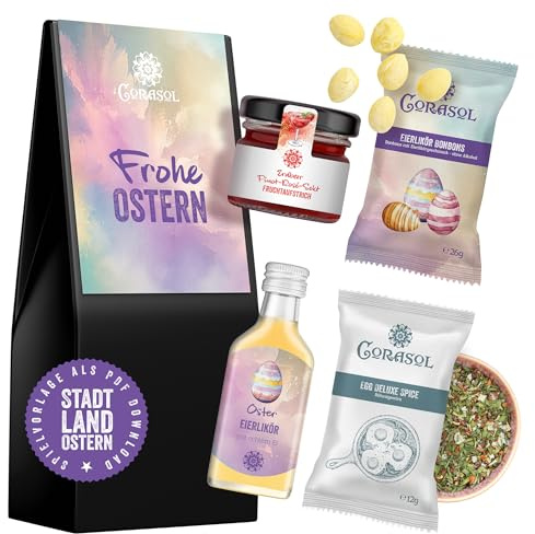 Corasol Feinkost Oster Geschenkset Frohe Ostern für Erwachsene mit Eierlikör, Fruchtaufstrich, Rühreigewürz & Bonbons